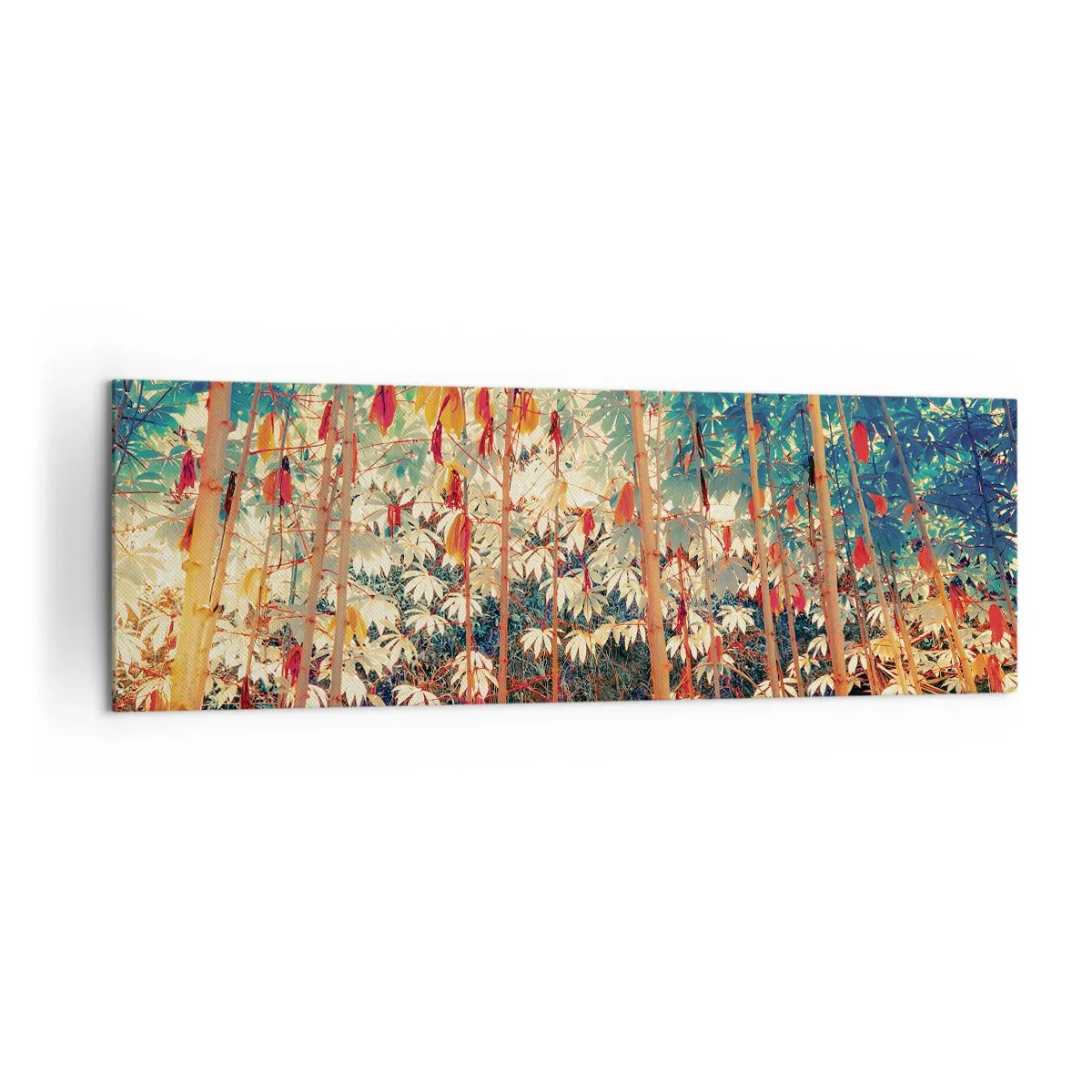 Obraz na płótnie - Kolorowy las bambusowy z intensywnymi barwami - 160x50cm - Tajemne życie liści - Nowoczesna dekoracja ścienna do salonu i sypialni ARTTOR
