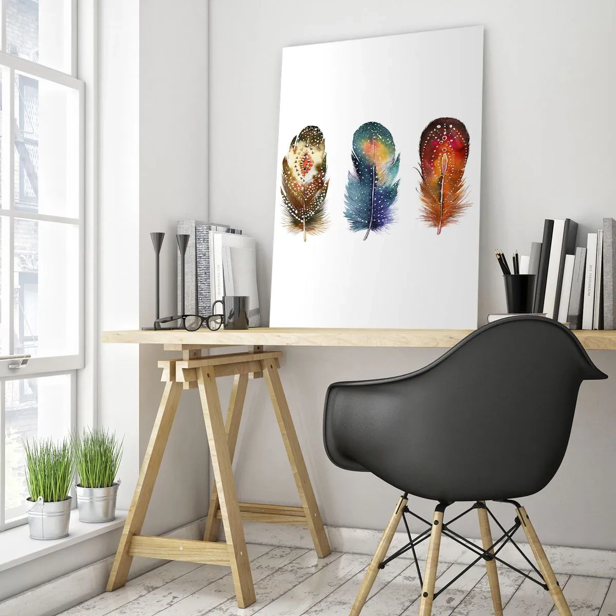 Obraz na szkle - Trzy kolorowe pióra z artystycznymi wzorami na jasnym tle - 70x100cm - Rytuały, obrzędy, tajemnice - Nowoczesna dekoracja ścienna do salonu i sypialni ARTTOR