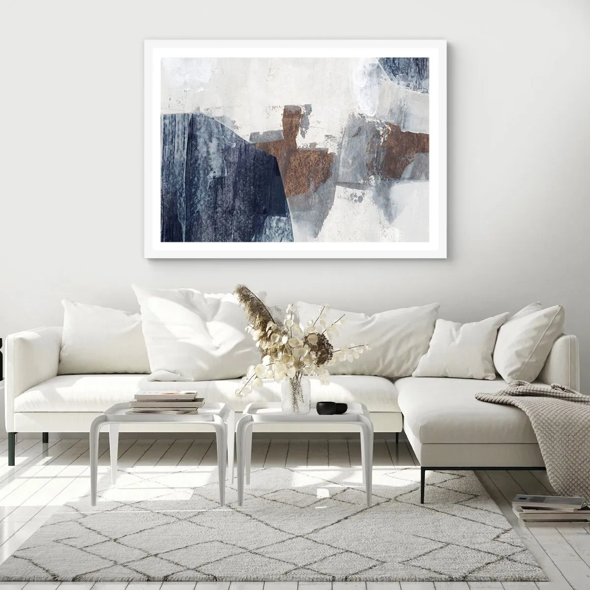 Plakat w białej ramie - Błękitno-brunatne kształty - 91x61 cm
