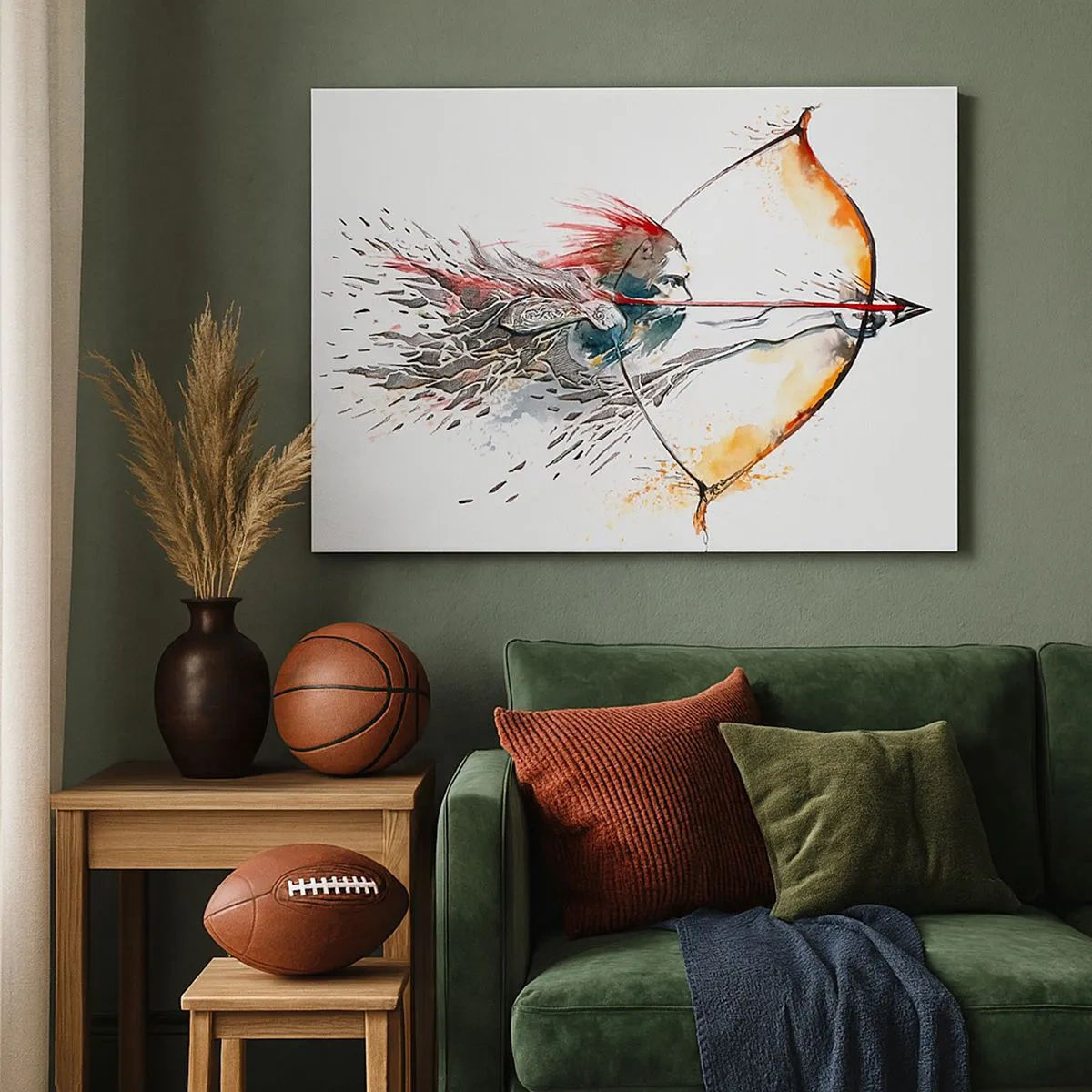 Obraz na płótnie - Dynamiczna akwarela wojownika z łukiem i strzałą - 70x50cm - Mityczny wojownik z ognistym łukiem - Nowoczesna dekoracja ścienna do salonu i sypialni ARTTOR