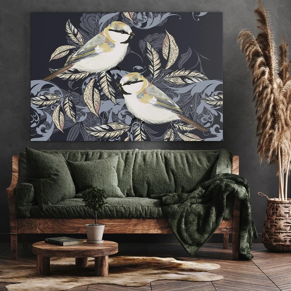 Obraz na płótnie - Ptaki na gałęziach w ornamentowym tle - 70x50cm - Żółto-błękitny trel - Nowoczesna dekoracja ścienna do salonu i sypialni ARTTOR