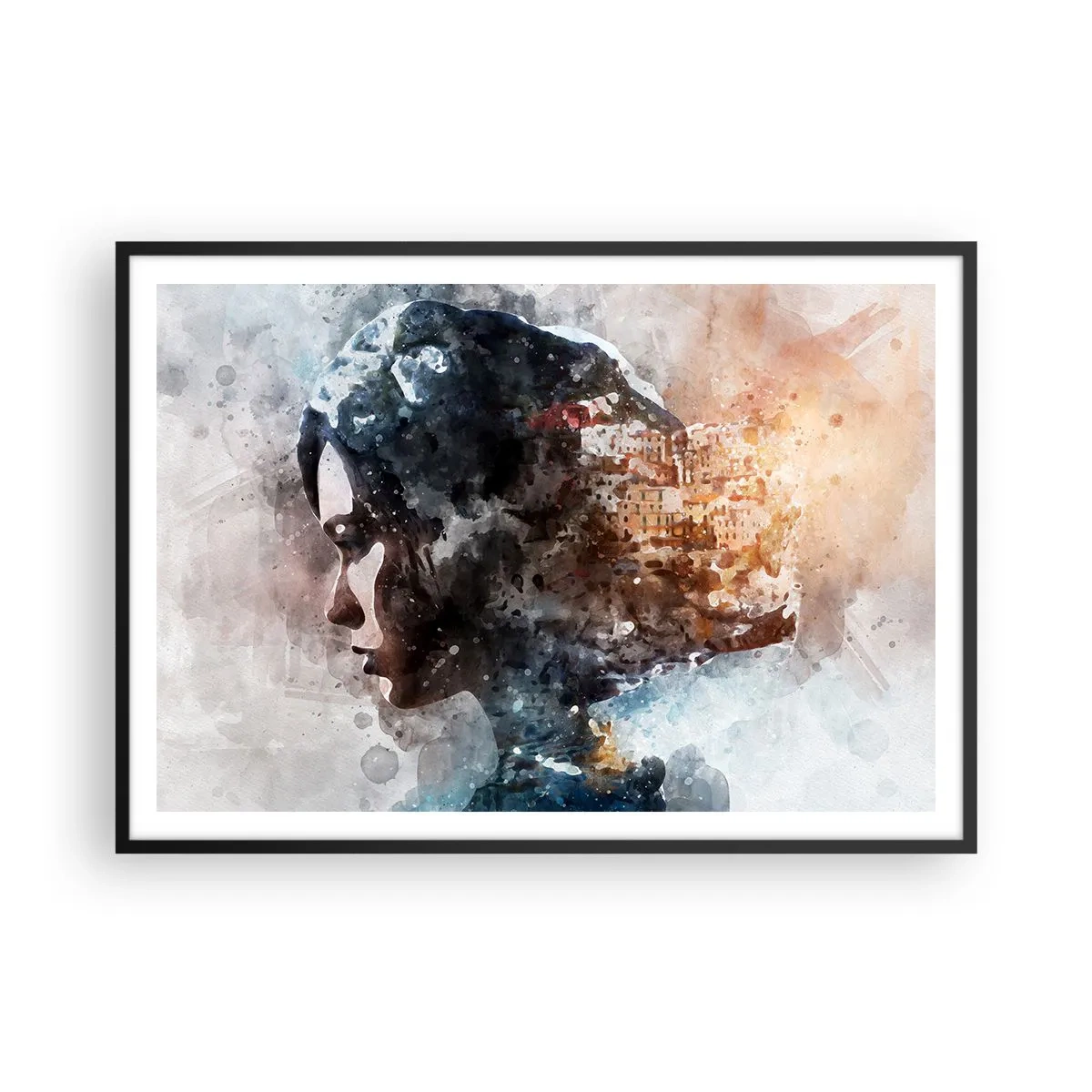 Plakat w czarnej ramie - Portret kobiety łączący twarz z miejskim krajobrazem w tle - 100x70cm - Opowieść o dziewczynie z miastem w tle - Nowoczesna dekoracja ścienna do salonu i sypialni ARTTOR