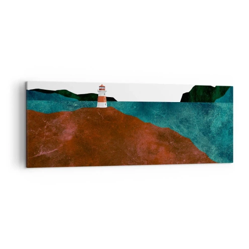 Obraz na płótnie - Latarnia morska na tle gór i morza - 140x50cm - Wpatrzona w morze - Nowoczesna dekoracja ścienna do salonu i sypialni ARTTOR