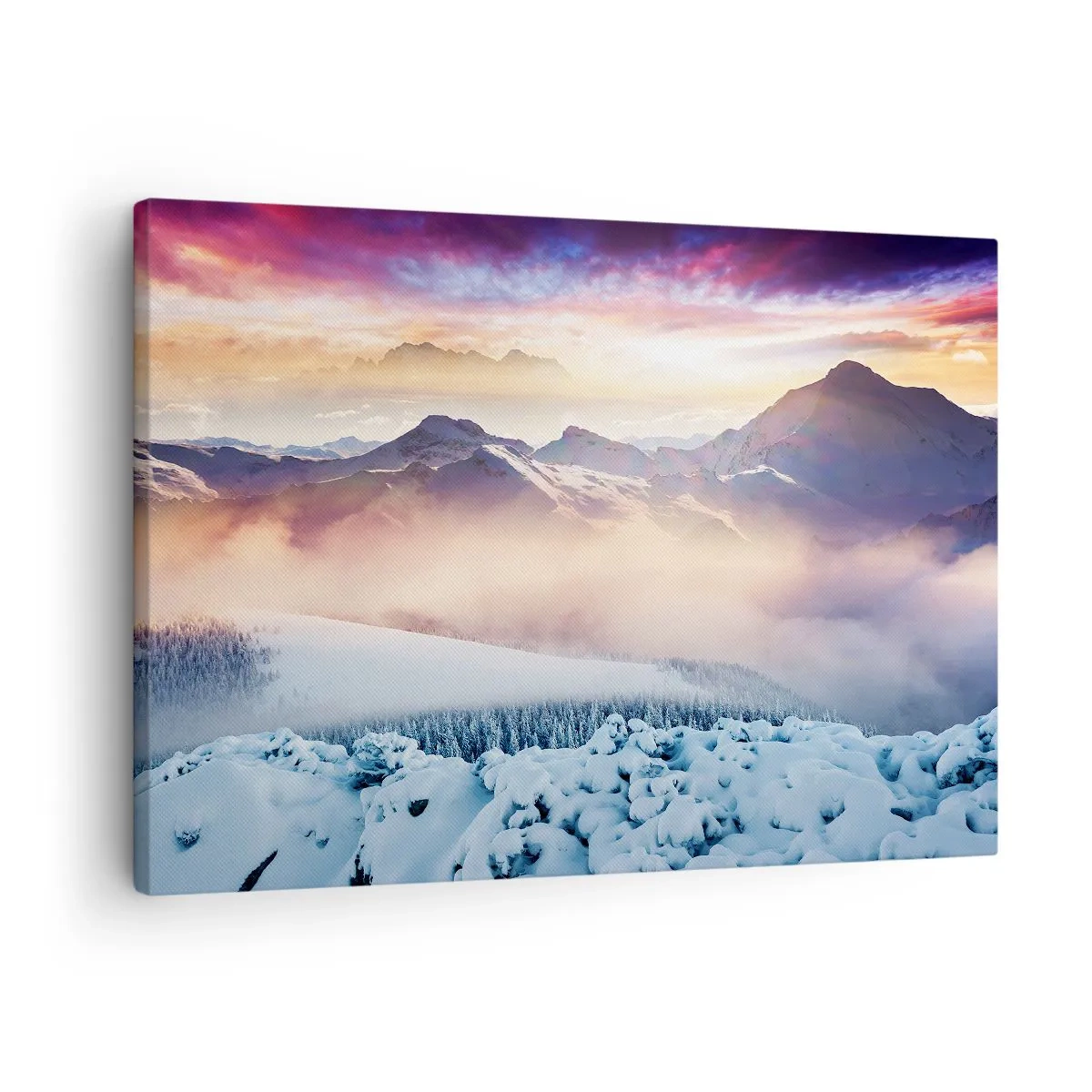 Obraz na płótnie - Zaśnieżone góry o świcie z kolorowym niebem - 70x50cm - Siła i czystość natury - Nowoczesna dekoracja ścienna do salonu i sypialni ARTTOR