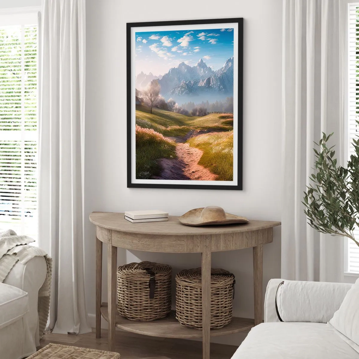 Plakat w czarnej ramie - Górska ścieżka prowadząca przez zieloną dolinę o wschodzie słońca - 50x70cm - Sielska dolina - Nowoczesna dekoracja ścienna do salonu i sypialni ARTTOR