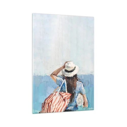 Obraz na szkle - Kobieta w kapeluszu na tle błękitnego morza - 70x100cm - Witaj na wakacjach - Nowoczesna dekoracja ścienna do salonu i sypialni ARTTOR