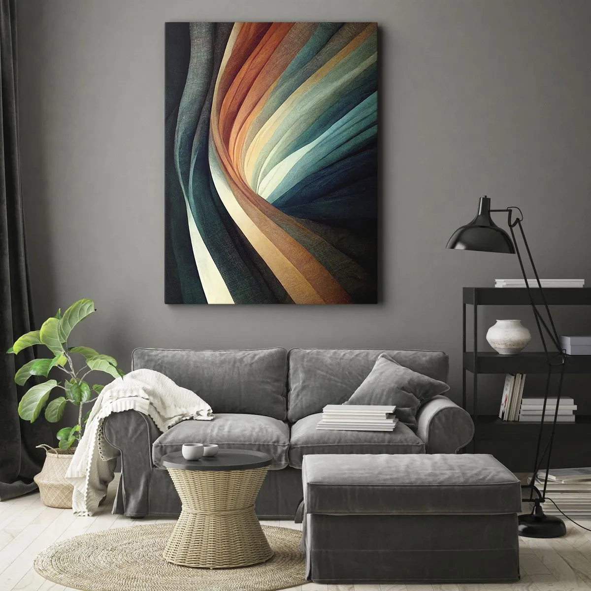 Obraz na płótnie - Hipnotyzująca abstrakcyjna kompozycja kolorowych pasów wirujących w tunelu - 50x70cm - Utkane z barw - Nowoczesna dekoracja ścienna do salonu, kuchni i sypialni ARTTOR