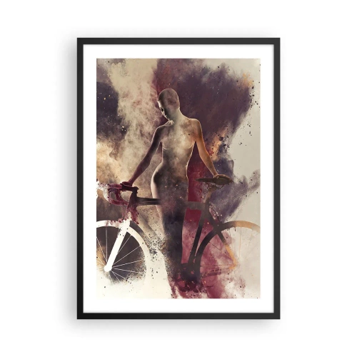 Plakat w czarnej ramie - Sylwetka kobiety z rowerem w artystycznym dymnym tle - 50x70cm - W marmurowych kształtach rowerowa dusza - Nowoczesna dekoracja ścienna do salonu i sypialni ARTTOR