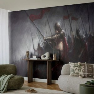 Fototapeta Standard Eco - Wojownicy w zbrojach w deszczu na polu bitwy - 100x70cm - Przechodniu, powiedz Sparcie… - Nowoczesna dekoracja ścienna do salonu i sypialni ARTTOR