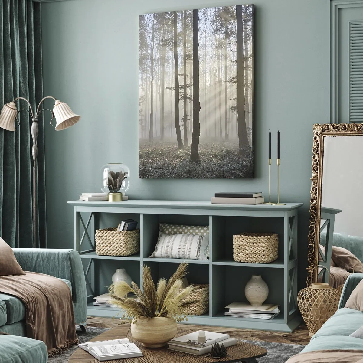 Obraz na płótnie - Las w delikatnej mgle z promieniami słońca przebijającymi się przez drzewa - 80x120cm - Mgła też się zbudziła - Nowoczesna dekoracja ścienna do salonu i sypialni ARTTOR