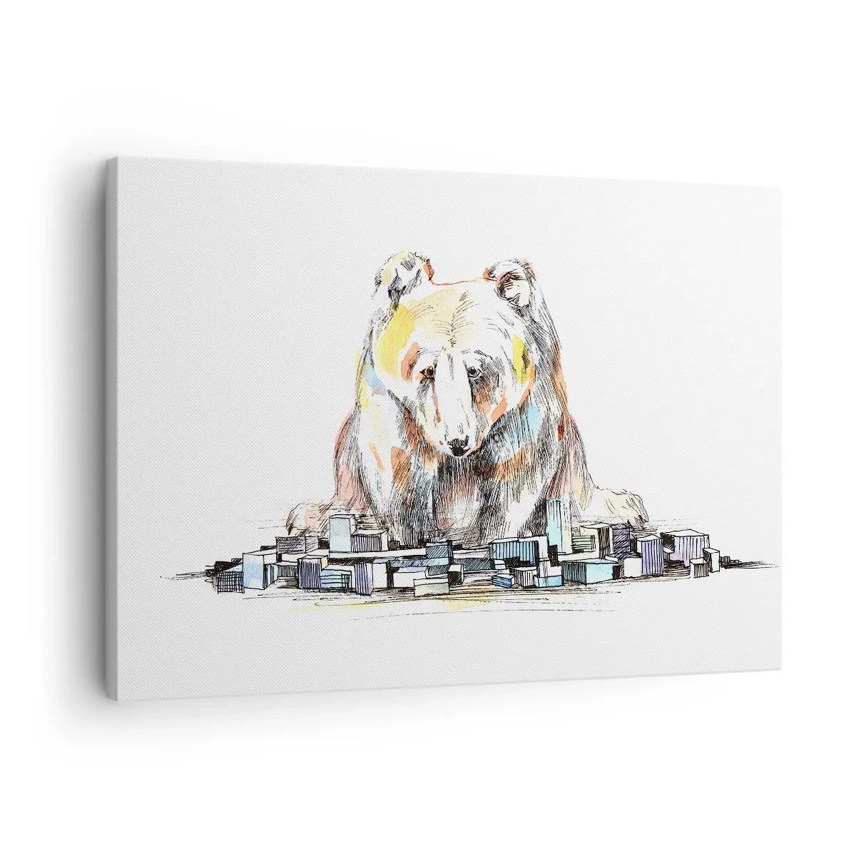 Obraz na płótnie - Ilustracja niedźwiedzia z kolorowymi detalami i blokami - 70x50cm - Jak można tak żyć? - Nowoczesna dekoracja ścienna do salonu i sypialni ARTTOR
