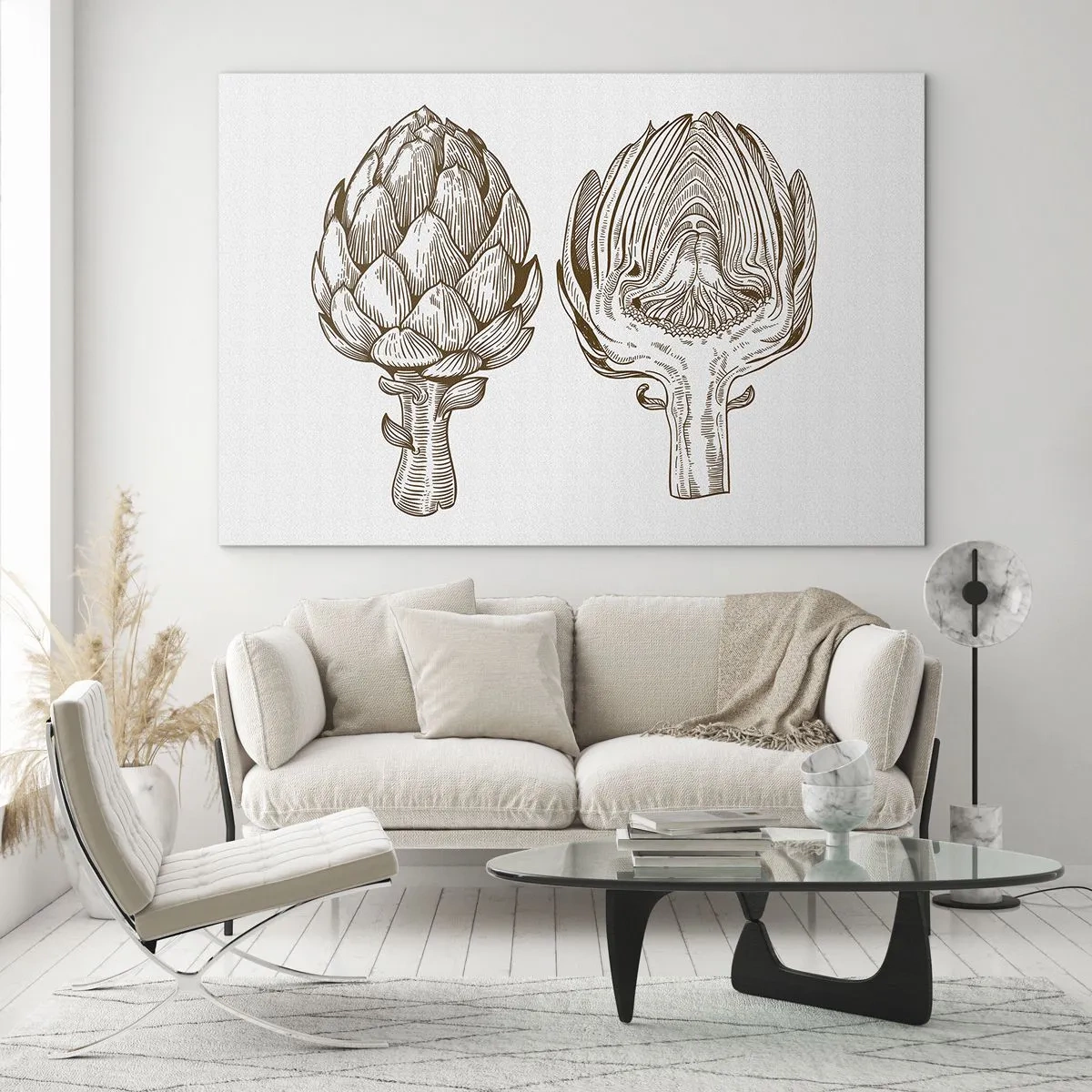Obraz na szkle - Botaniczny rysunek karczocha w całości i w przekroju - 70x50cm - Lekcja anatomii - Nowoczesna dekoracja ścienna do salonu i sypialni ARTTOR