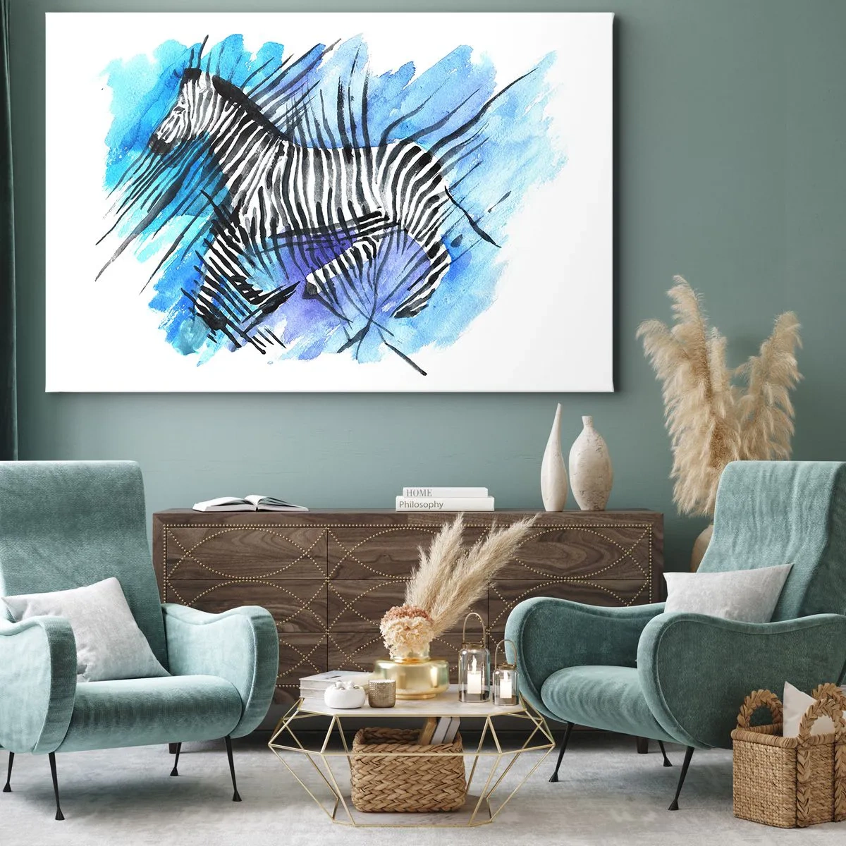 Obraz na płótnie - Akwarelowa ilustracja zebry na tle błękitnego nieba - 70x50cm - Ukryta w paskach - Nowoczesna dekoracja ścienna do salonu i sypialni ARTTOR