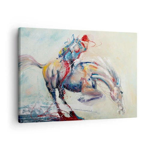 Obraz na płótnie - Dynamiczny obraz konia w abstrakcyjnym stylu artystycznym - 70x50cm - Trzymaj się, lecimy - Nowoczesna dekoracja ścienna do salonu i sypialni ARTTOR