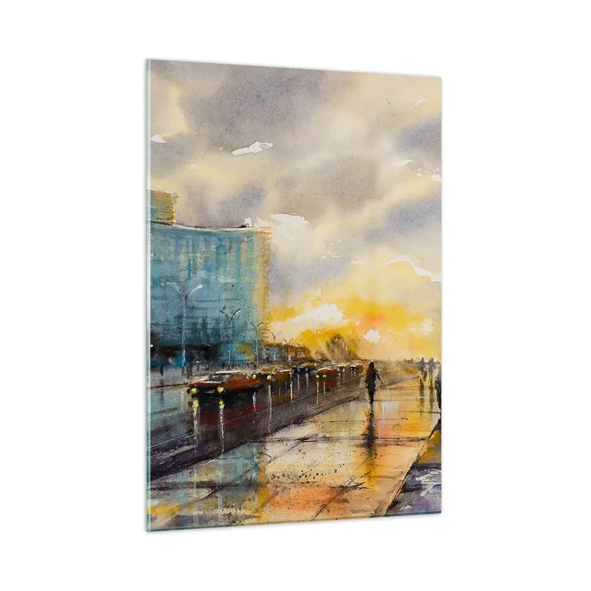 Obraz na szkle - Miasto nadmorskie w akwareli z zachodem słońca - 50x70cm - Życie na brzegu - Nowoczesna dekoracja ścienna do salonu, kuchni i sypialni ARTTOR