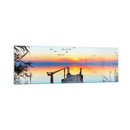 Obraz na szkle - Drewniany pomost nad jeziorem o zachodzie słońca - 160x50cm - Pora wracać… - Nowoczesna dekoracja ścienna do salonu i sypialni ARTTOR