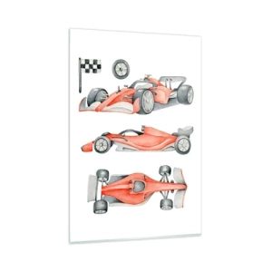 Obraz na szkle - Czerwony bolid wyścigowy z flagą w szachownicę - 80x120cm - Doścignąć marzenie - Nowoczesna dekoracja ścienna do salonu i sypialni ARTTOR