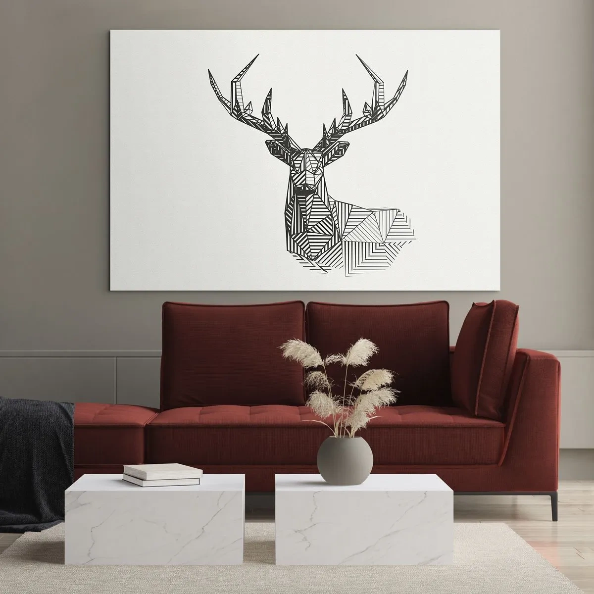 Obraz na szkle - Kubistyczny jeleń z geometrycznych kształtów na białym tle - 70x50cm - Jeleń w kubistycznym stylu - Nowoczesna dekoracja ścienna do salonu i sypialni ARTTOR