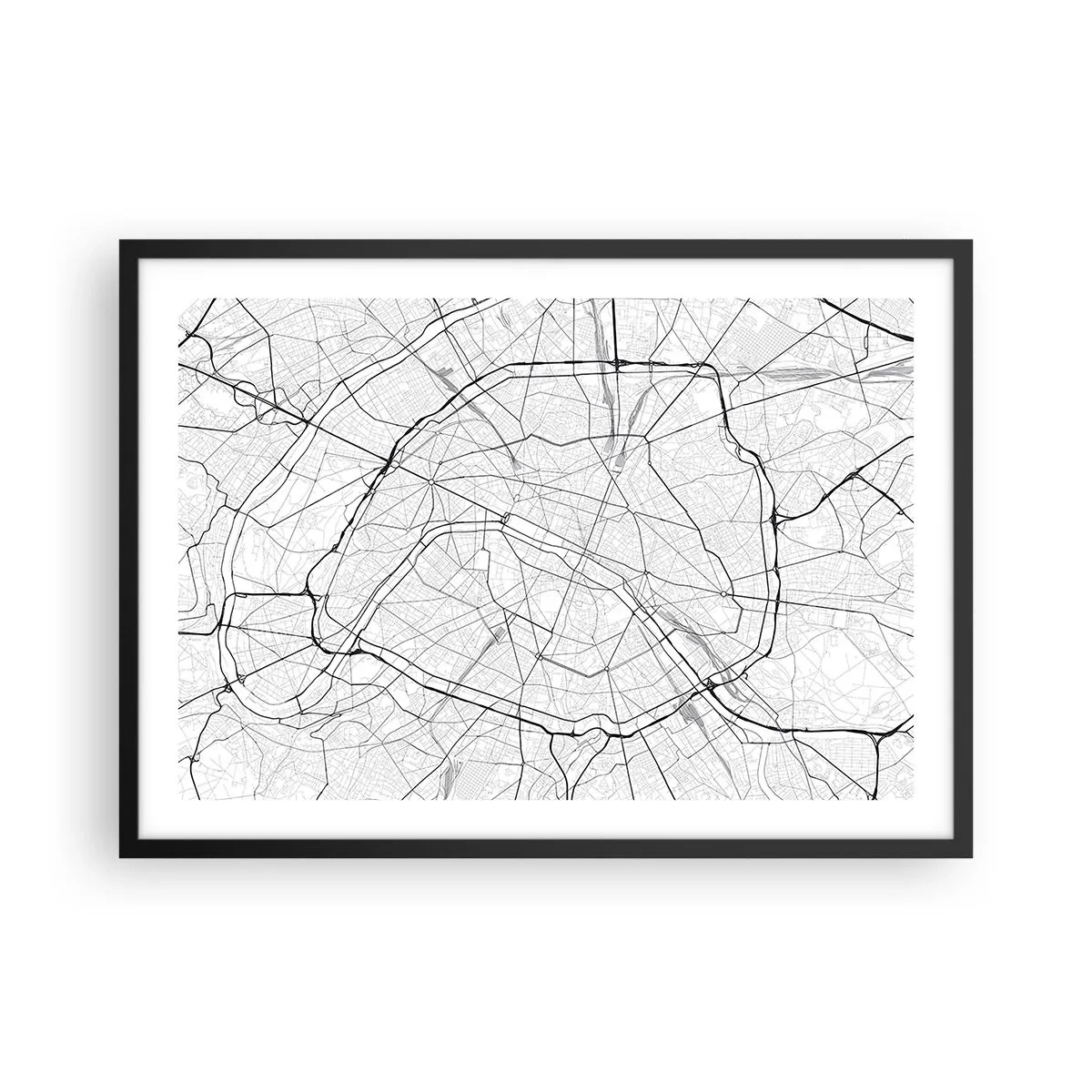 Plakat w czarnej ramie - Minimalistyczna mapa miasta w czerni i bieli - 70x50cm - Kwiat Paryża - Nowoczesna dekoracja ścienna do salonu i sypialni ARTTOR