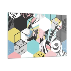 Obraz na szkle - Kolorowe sześciany i sześciokąty w nowoczesnej kompozycji - 120x80cm - Sześciokąty i sześciany w sześciu barwach - Nowoczesna dekoracja ścienna do salonu, kuchni i sypialni ARTTOR