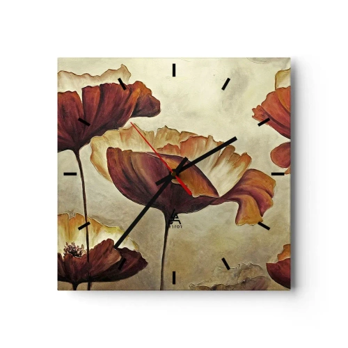 Zegar ścienny - Subtelne kwiaty w odcieniach czerwieni i złota na jasnym tle - 30x30cm - Łąki łan - Nowoczesna dekoracja ścienna do salonu i sypialni ARTTOR
