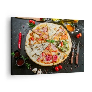 Obraz na płótnie - Pizza w różnych smakach na tle z dodatkami - 70x50cm - Wachlarz smaków - Nowoczesna dekoracja ścienna do salonu i sypialni ARTTOR