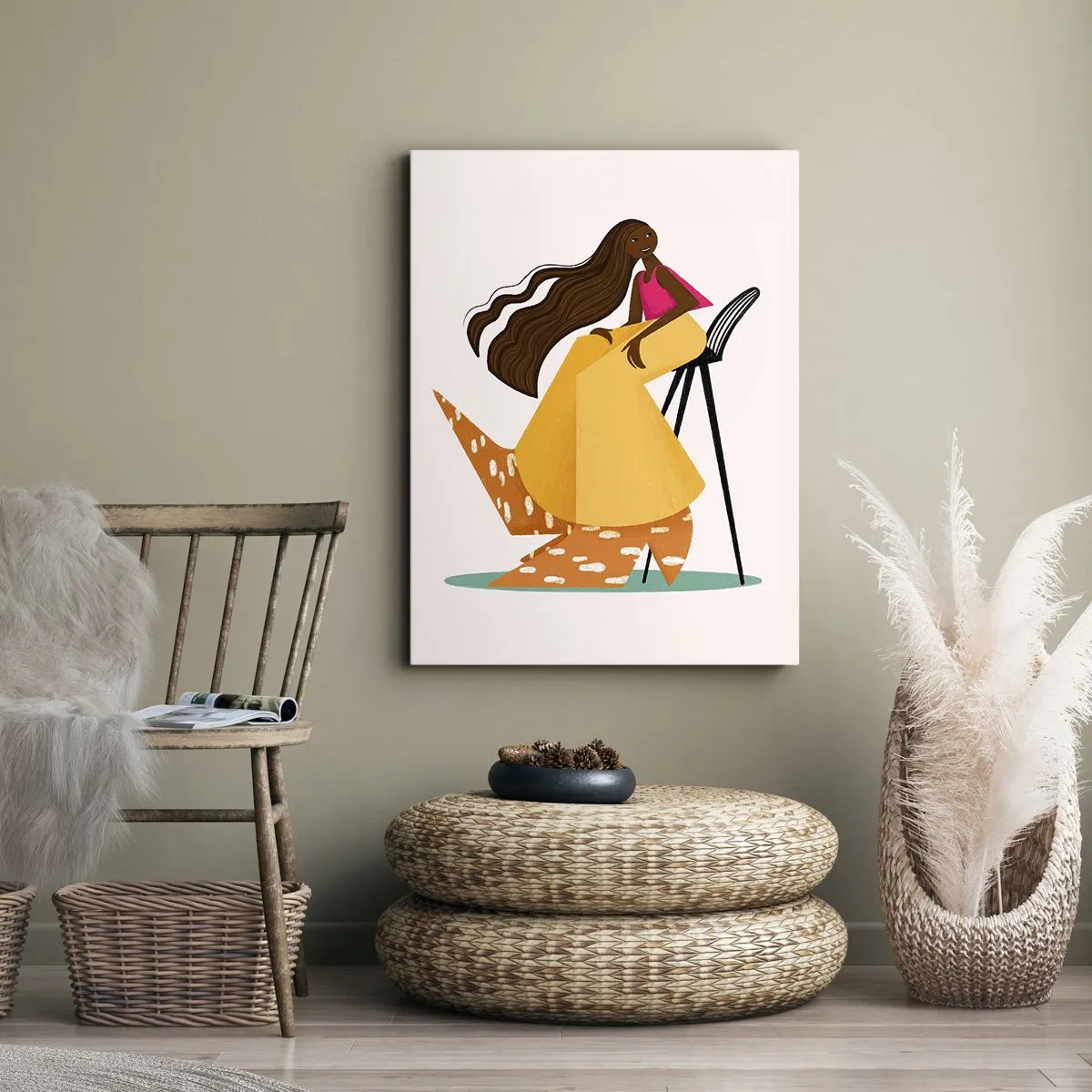 Obraz na płótnie - Stylizowana postać kobiety w kolorowej sukni siedząca na krześle - 70x100cm - Moda to też zabawa - Nowoczesna dekoracja ścienna do salonu i sypialni ARTTOR