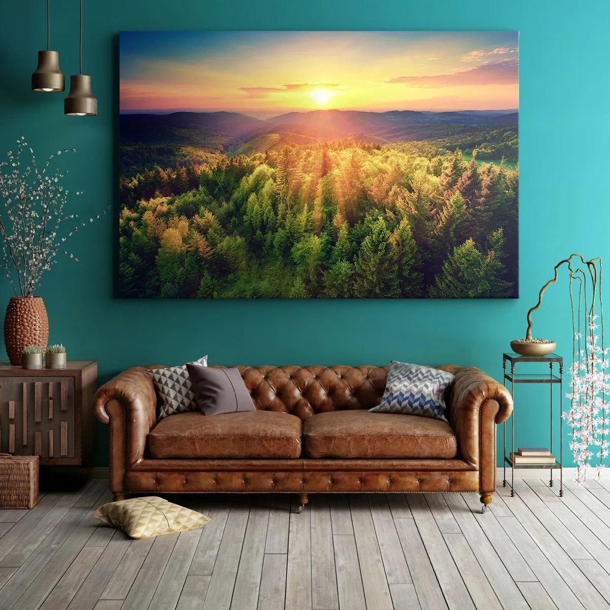 Obraz na płótnie - Leśny krajobraz z zachodem słońca nad wzgórzami - 70x50cm - Wierzchołki i szczyty - Nowoczesna dekoracja ścienna do salonu i sypialni ARTTOR
