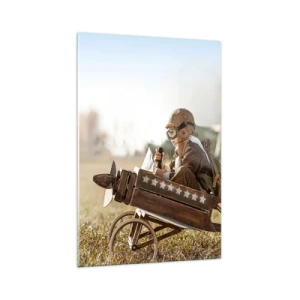 Obraz na szkle - Dziecko w zabawkowym samolocie na tle pola - 70x100cm - Start ku marzeniu - Nowoczesna dekoracja ścienna do salonu i sypialni ARTTOR