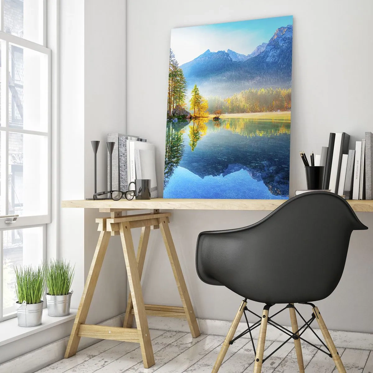 Obraz na szkle - Górski krajobraz z jeziorem i porannym słońcem - 50x70cm - Majestat i słodycz - Nowoczesna dekoracja ścienna do salonu, kuchni i sypialni ARTTOR