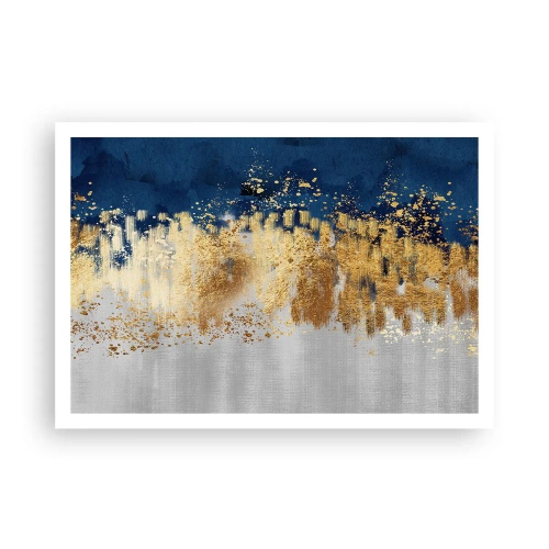 Plakat - Abstrakcyjna kompozycja w odcieniach złota i granatu - 100x70cm - Nowoczesna kompozycja z błyskiem - Nowoczesna dekoracja ścienna do salonu i sypialni ARTTOR