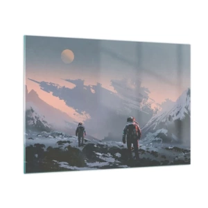 Obraz na szkle - Astronauci na obcej planecie z wrakiem statku w tle - 100x70cm - Pod nieznaną gwiazdą - Nowoczesna dekoracja ścienna do salonu, kuchni i sypialni ARTTOR