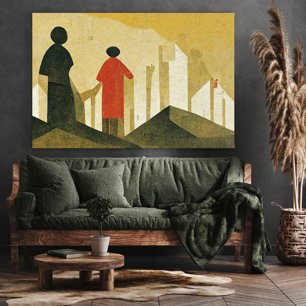 Obraz na płótnie - Geometryczne sylwetki w kolorze czerwieni i zieleni na żółtym tle - 70x50cm - Jeszcze daleka droga - Nowoczesna dekoracja ścienna do salonu i sypialni ARTTOR