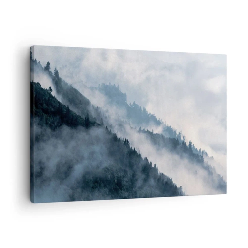Obraz na płótnie - Mgła unosząca się nad zalesionymi zboczami gór w tajemniczym krajobrazie - 70x50cm - Mistyka gór - Nowoczesna dekoracja ścienna do salonu i sypialni ARTTOR