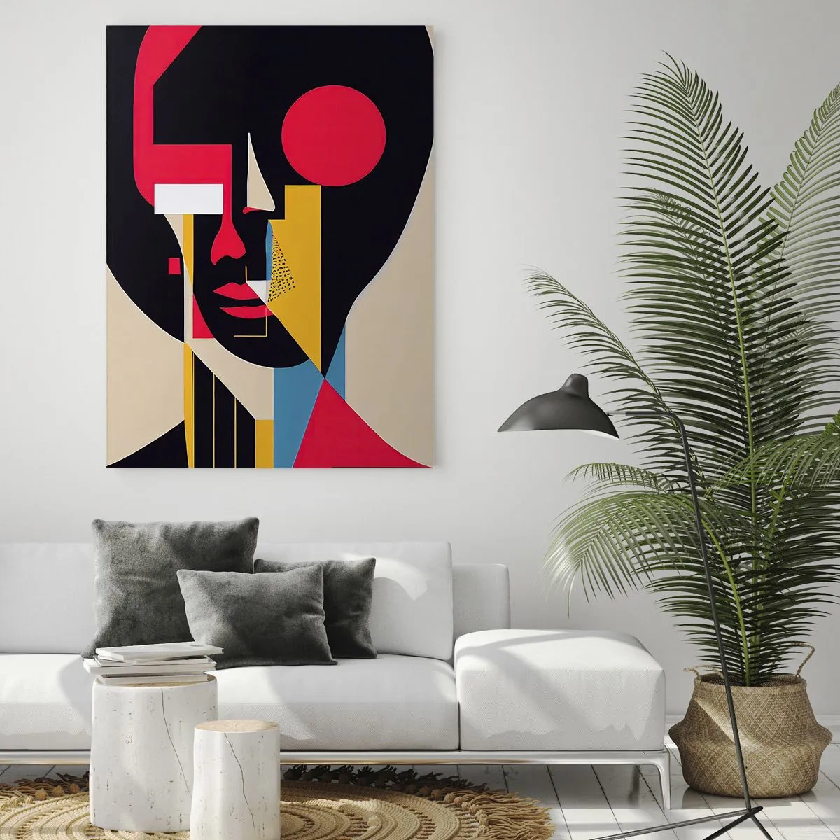 Obraz na szkle - Kolorowy abstrakcyjny portret twarzy w stylu geometrycznym - 80x120cm - Jej wewnętrzny świat - Nowoczesna dekoracja ścienna do salonu i sypialni ARTTOR