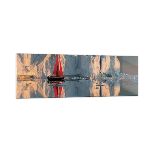 Obraz na szkle - Żaglówka z czerwonym żaglem na tle lodowca - 160x50cm - Na krańcu świata - Nowoczesna dekoracja ścienna do salonu i sypialni ARTTOR