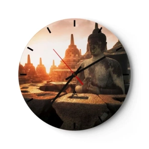 Zegar ścienny - Zachód słońca nad posągami Buddy w otoczeniu świątyń - 30x30cm - Pogoda wielkiej mądrości - Nowoczesna dekoracja ścienna do salonu, kuchni i sypialni ARTTOR