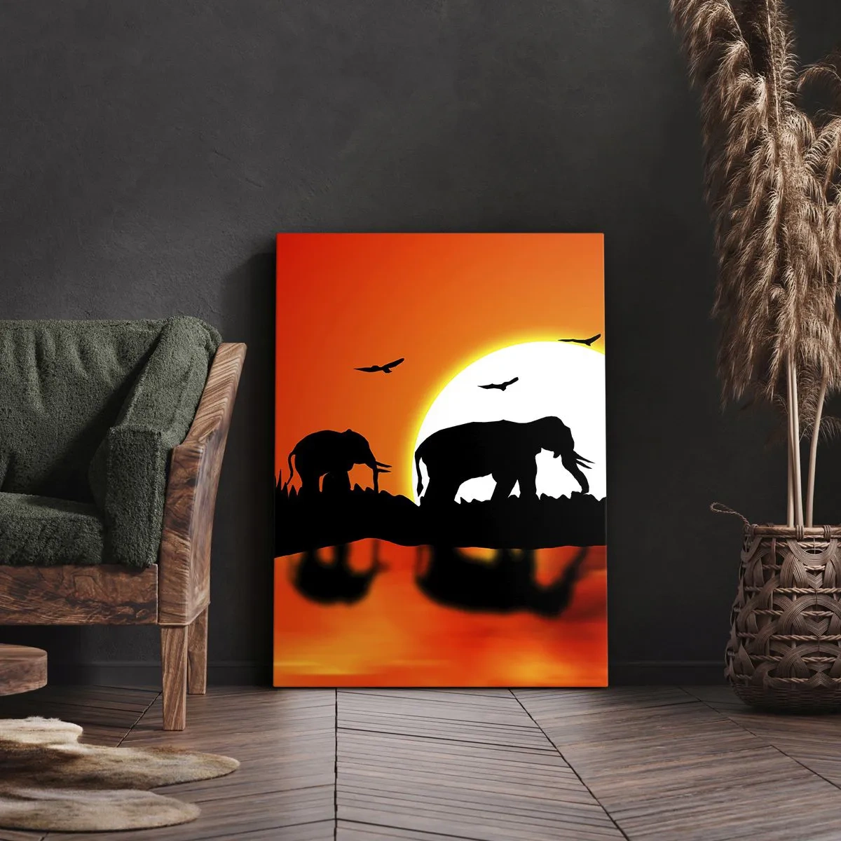 Obraz na płótnie - Sylwetki słoni na tle zachodzącego słońca - 50x70cm - A wieczorem na małego drinka - Nowoczesna dekoracja ścienna do salonu, kuchni i sypialni ARTTOR