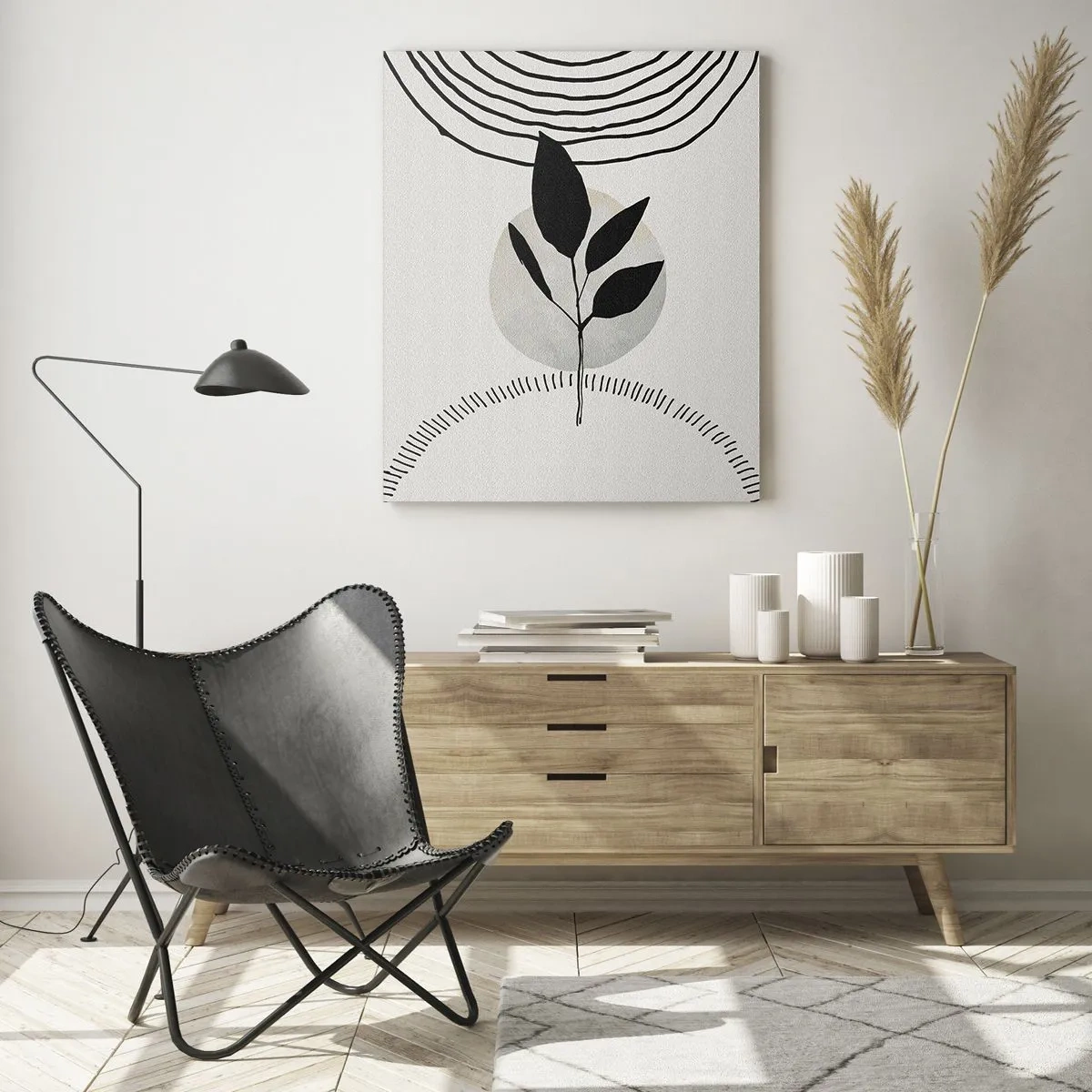 Obraz na szkle - Minimalistyczna ilustracja rośliny z geometrycznymi elementami w czerni i bieli - 70x100cm - Kompozycja: rytuały natury - Nowoczesna dekoracja ścienna do salonu i sypialni ARTTOR