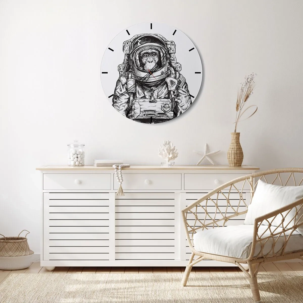 Zegar ścienny - Szkic astronauty małpy w czarno-białej stylistyce - 30x30cm - Alternatywna ewolucja - Nowoczesna dekoracja ścienna do salonu, kuchni i sypialni ARTTOR
