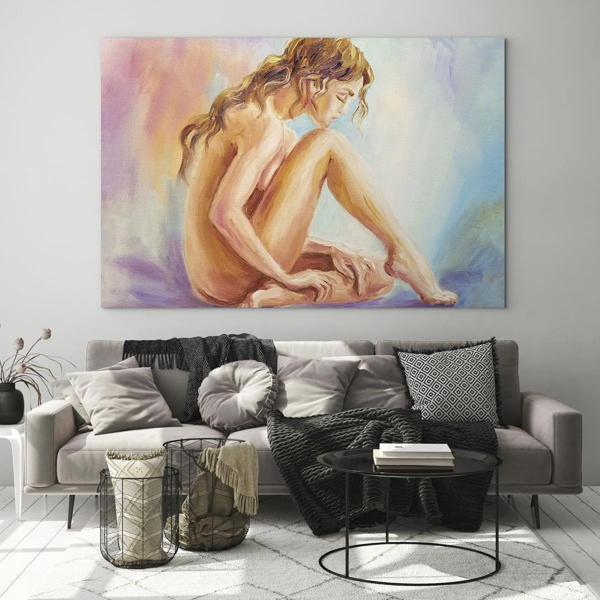 Obraz na szkle - Kobieta w subtelnej refleksji na tle pastelowych barw - 120x80cm - Akt młodości - Nowoczesna dekoracja ścienna do salonu, kuchni i sypialni ARTTOR