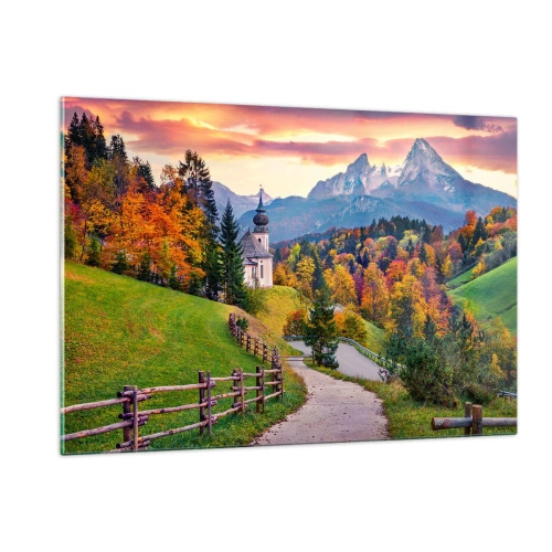 Obraz na szkle - Jesienny pejzaż górski z kościółkiem i drogą prowadzącą przez wzgórza - 120x80cm - Pejzaż jak malowanie - Nowoczesna dekoracja ścienna do salonu, kuchni i sypialni ARTTOR