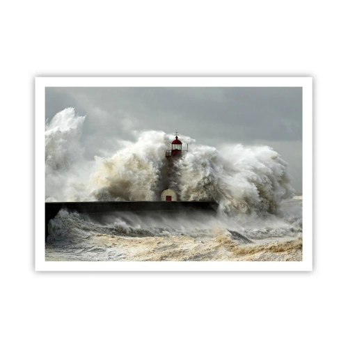 Plakat - Latarnia morska otoczona wzburzonymi falami podczas sztormu - 100x70cm - Gniew oceanu - Nowoczesna dekoracja ścienna do salonu i sypialni ARTTOR