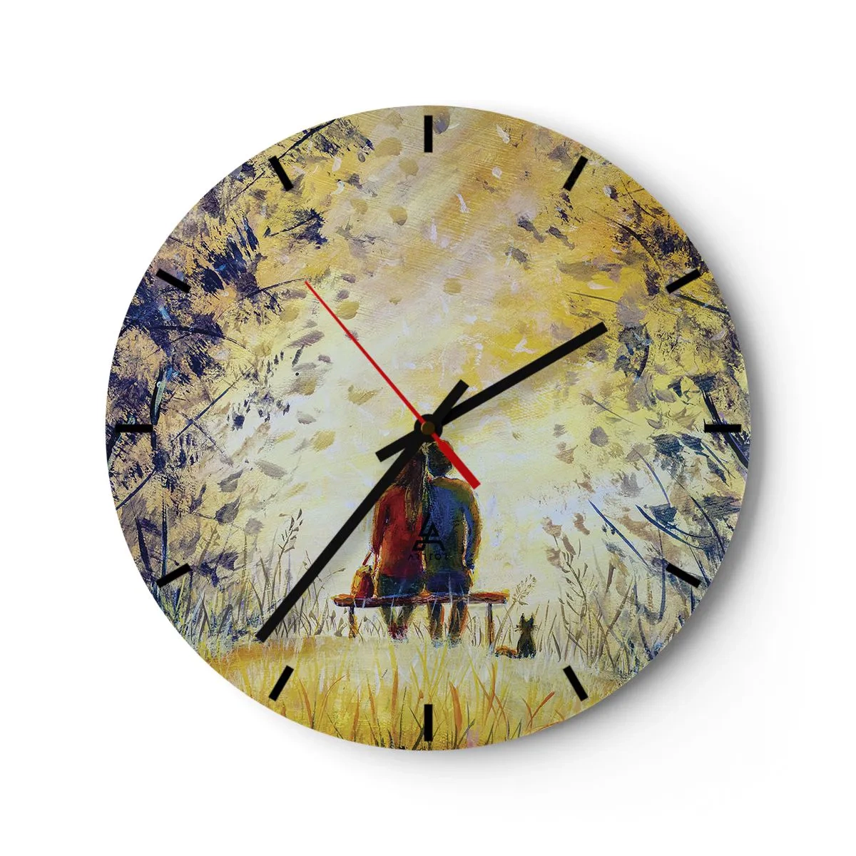 Zegar ścienny - Para siedząca na ławce wśród złocistego światła natury - 30x30cm - Magiczna chwila - Nowoczesna dekoracja ścienna do salonu, kuchni i sypialni ARTTOR