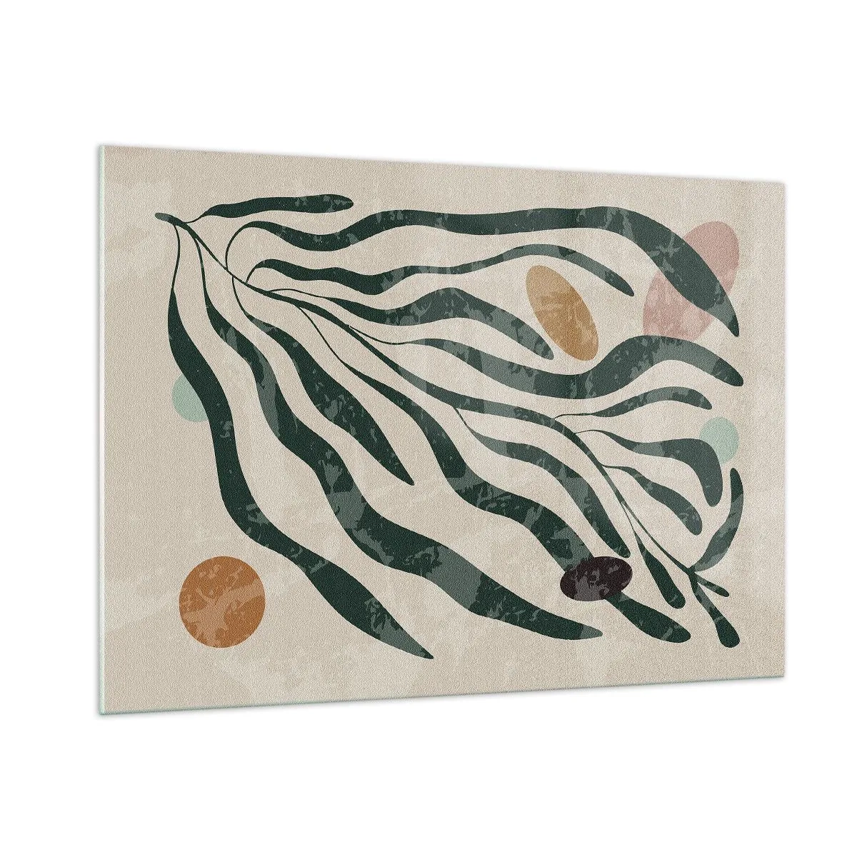 Obraz na szkle - Organiczne kształty w zieleni na beżowym tle - 100x70cm - Pośród zieleni - Nowoczesna dekoracja ścienna do salonu, kuchni i sypialni ARTTOR