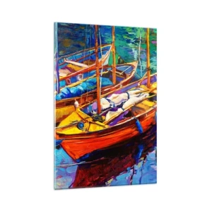 Obraz na szkle - Kolorowe łodzie na spokojnej wodzie - 80x120cm - Na wodzie gęstej od barw - Nowoczesna dekoracja ścienna do salonu i sypialni ARTTOR