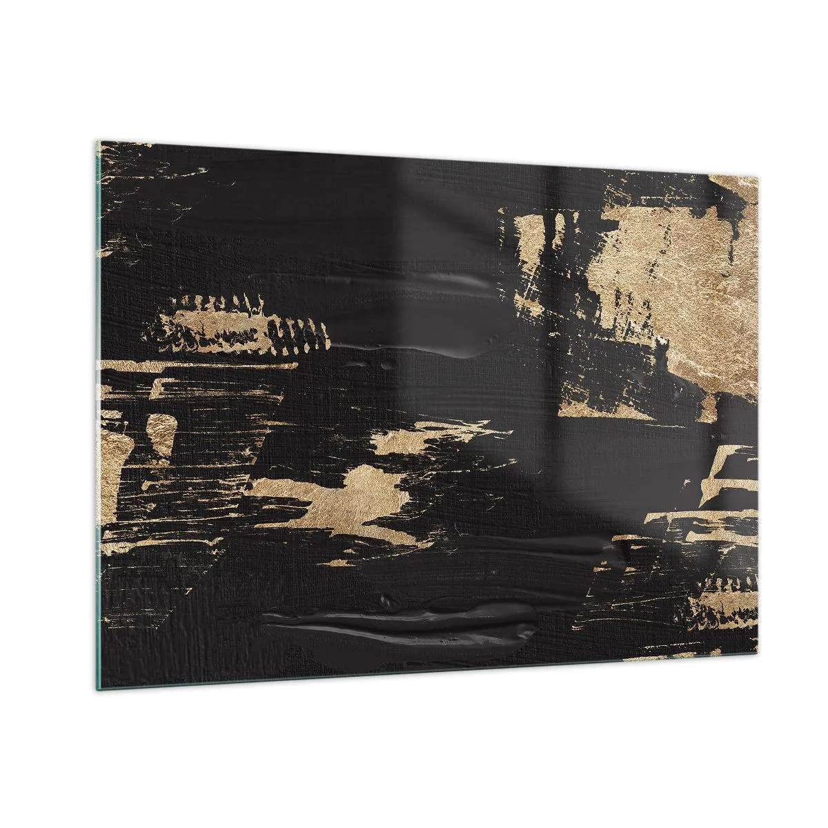 Obraz na szkle - Czarno-złota abstrakcja z fakturą przypominającą pociągnięcia pędzla - 100x70cm - Ślad dotyku - Nowoczesna dekoracja ścienna do salonu, kuchni i sypialni ARTTOR