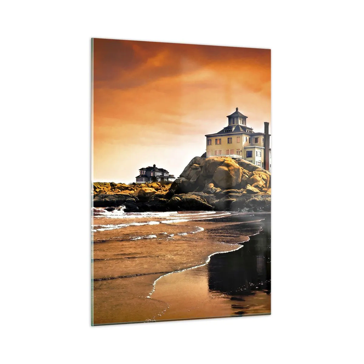 Obraz na szkle - Dom na klifie z widokiem na morze o zachodzie słońca - 50x70cm - Elegancja zachodniego wybrzeża - Nowoczesna dekoracja ścienna do salonu, kuchni i sypialni ARTTOR