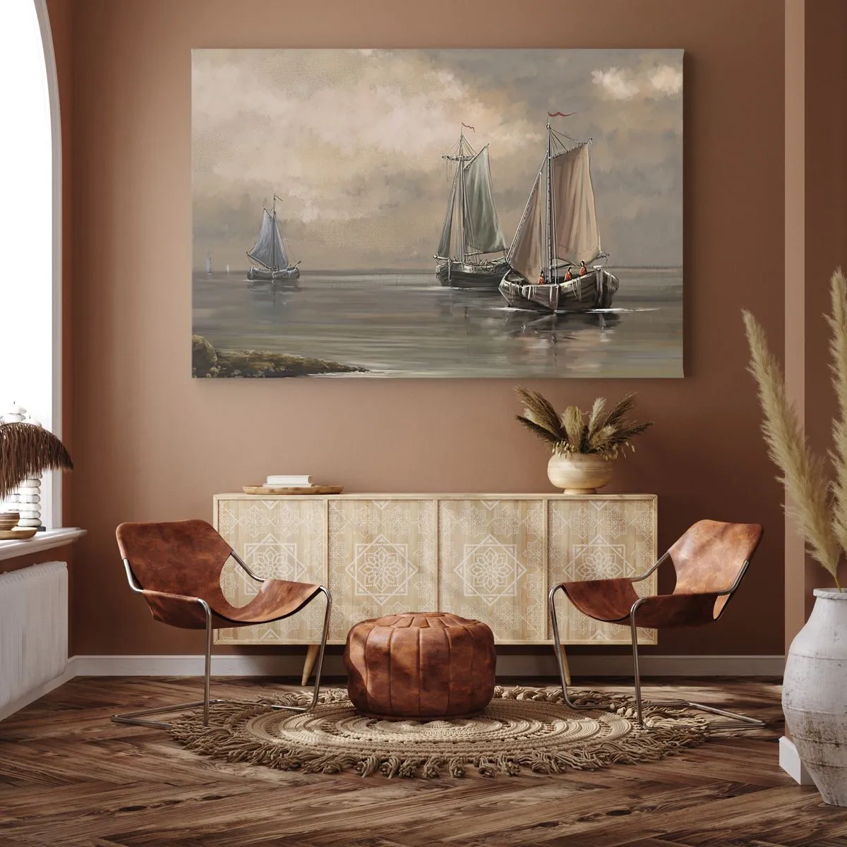 Obraz na płótnie - Żaglówki na spokojnym morzu w pastelowej scenerii - 70x50cm - Powrót żeglarzy - Nowoczesna dekoracja ścienna do salonu i sypialni ARTTOR