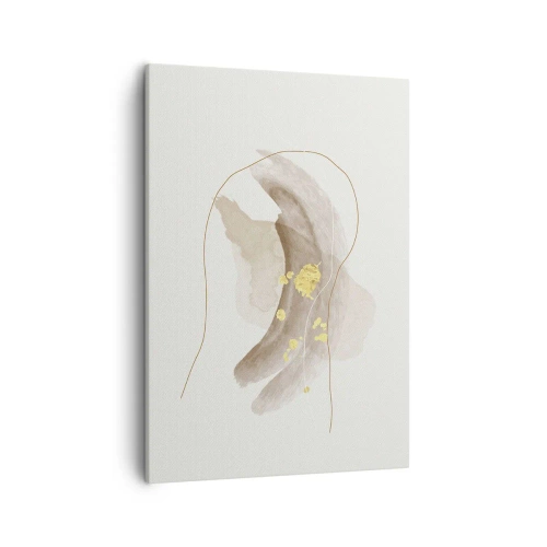 Obraz na płótnie - Abstrakcyjna kompozycja w beżowych odcieniach z złotymi akcentami i liniami - 50x70cm - Napotkane w przestrzeni - Nowoczesna dekoracja ścienna do salonu, kuchni i sypialni ARTTOR
